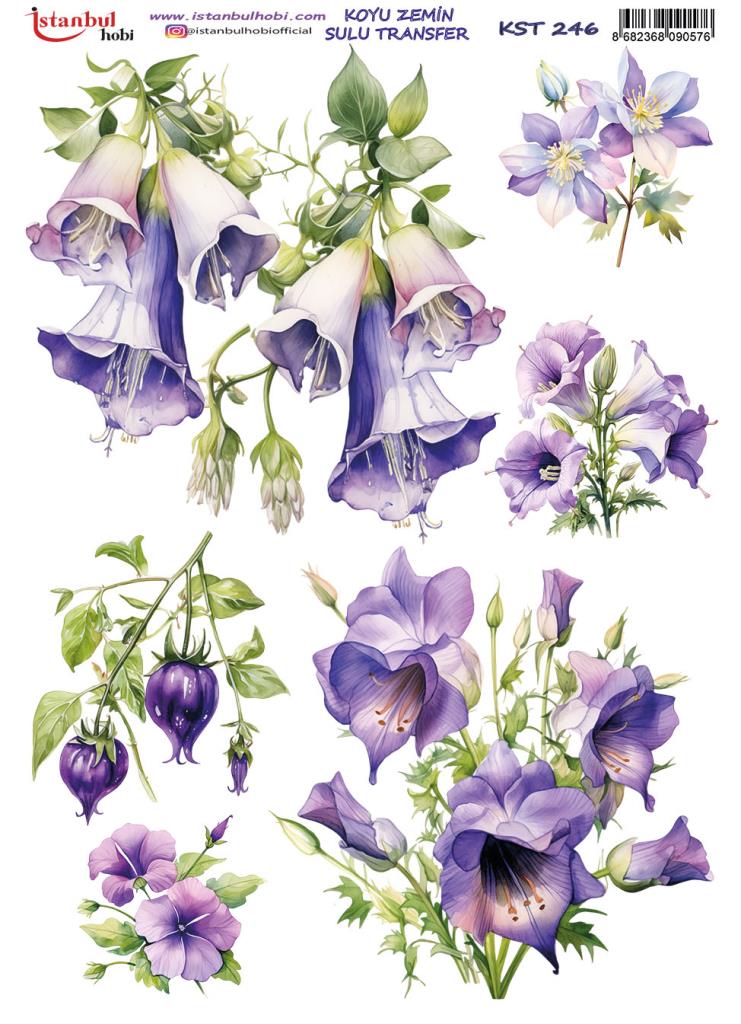 Koyu Zemin Sulu Transfer Kağıdı 25x35cm KST-246 Mor Çiçekler