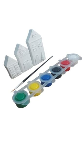 Ehobici Taş Boyama Seti Boyutlu Evler 6 Renk Akrilik Boya 5ml + Fırça