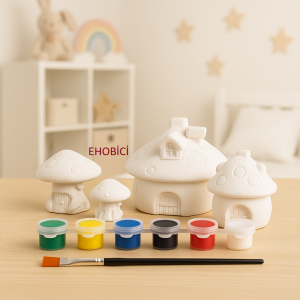 Ehobici Taş Boyama Seti Mantar Evler 6 Renk Akrilik Boya 5ml + Fırça