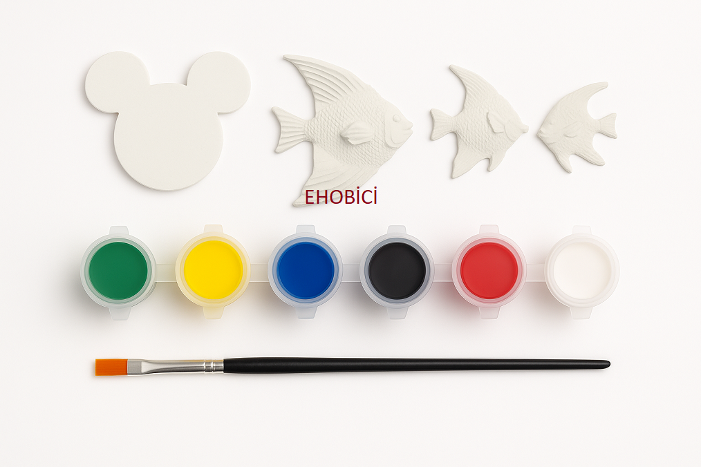 Ehobici Taş Boyama Seti Balıklar ve Mickey Mouse 6 Renk Akrilik Boya 5ml + Fırça