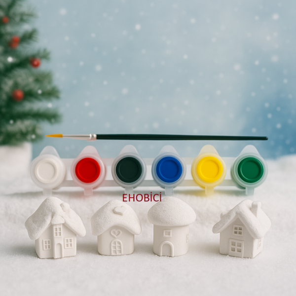 Ehobici Taş Boyama Seti Kış Evleri 6 Renk Akrilik Boya 5ml + Fırça