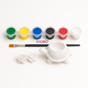 Ehobici Taş Boyama Seti Kaplumbağa Saksı ve Çiçekler 6 Renk Akrilik Boya 5ml + Fırça