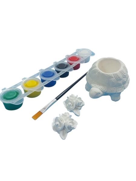 Ehobici Taş Boyama Seti Kaplumbağa Saksı ve Çiçekler 6 Renk Akrilik Boya 5ml + Fırça