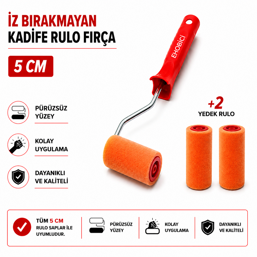 İz Bırakmayan Kadife Rulo Fırça 5cm +2 Yedekli