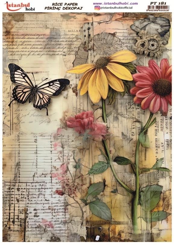 Pirinç Dekopaj Kağıdı 30x42cm PT-181 Çiçek Kelebek