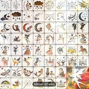 Çocuk Temalı Stencil Şablon Seti – 60 Parça (7,6 x 7,6 cm)