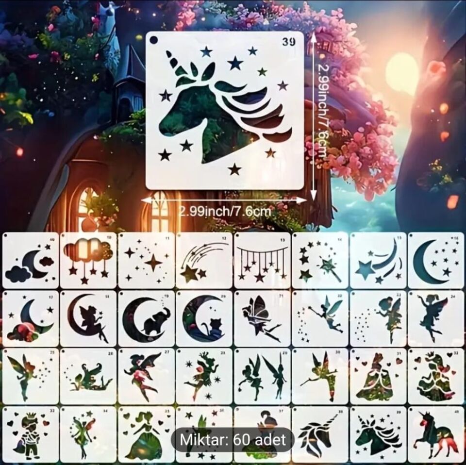 Çocuk Temalı Stencil Şablon Seti – 60 Parça (7,6 x 7,6 cm)