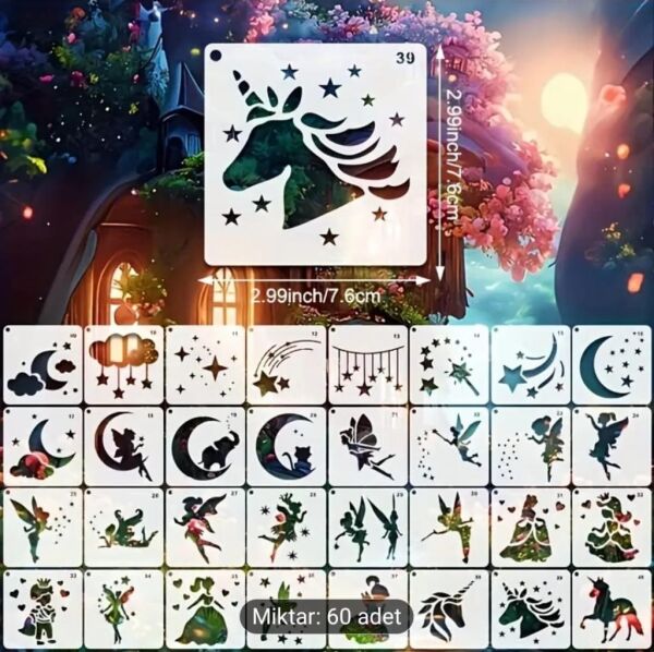 Çocuk Temalı Stencil Şablon Seti – 60 Parça (7,6 x 7,6 cm)
