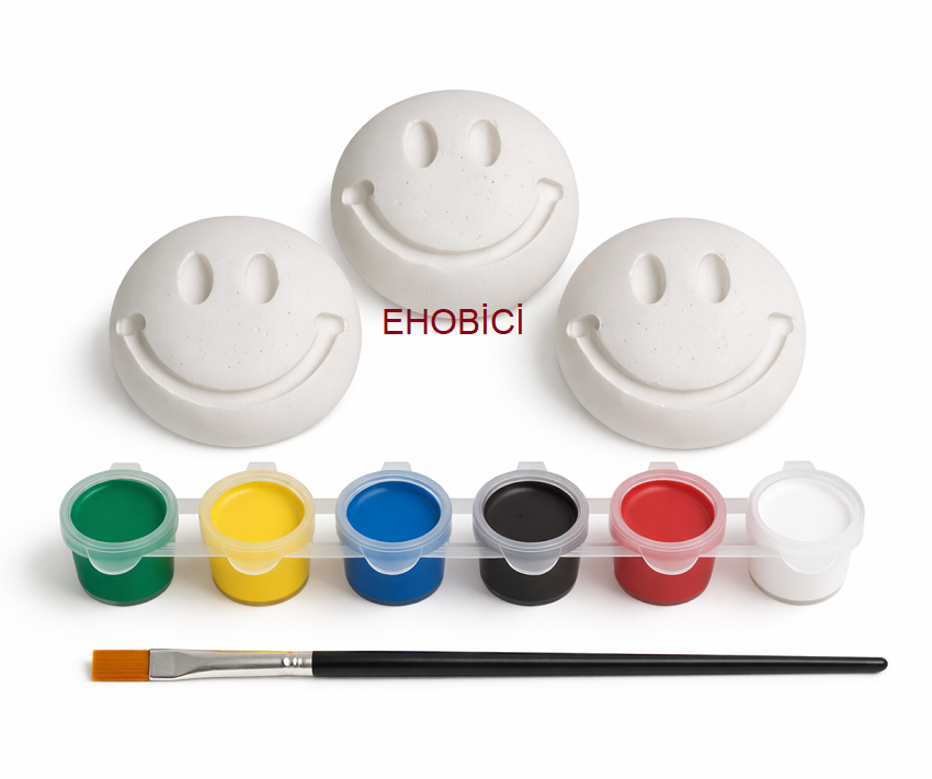 Ehobici Taş Boyama Seti Gülen Yüz Surat 6 Renk Akrilik Boya 5ml + Fırça