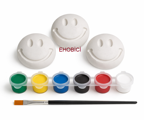 Ehobici Taş Boyama Seti Gülen Yüz Surat 6 Renk Akrilik Boya 5ml + Fırça