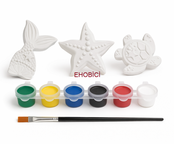 Ehobici Taş Boyama Seti Deniz Temalı 6 Renk Akrilik Boya 5ml + Fırça