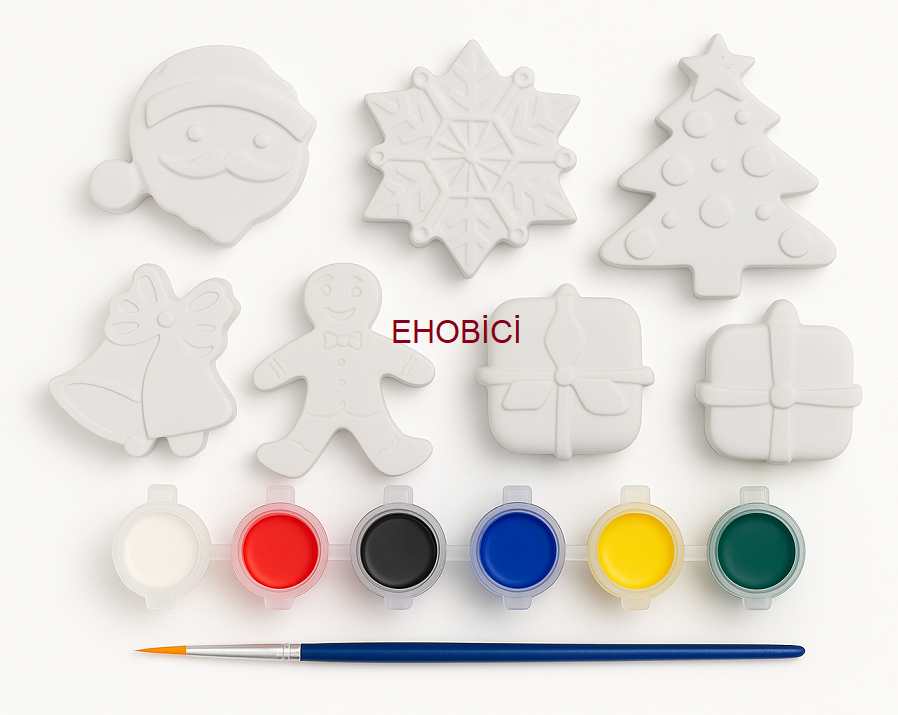Ehobici Taş Boyama Seti Yeniyıl Yılbaşı 6 Renk Akrilik Boya 5ml + Fırça