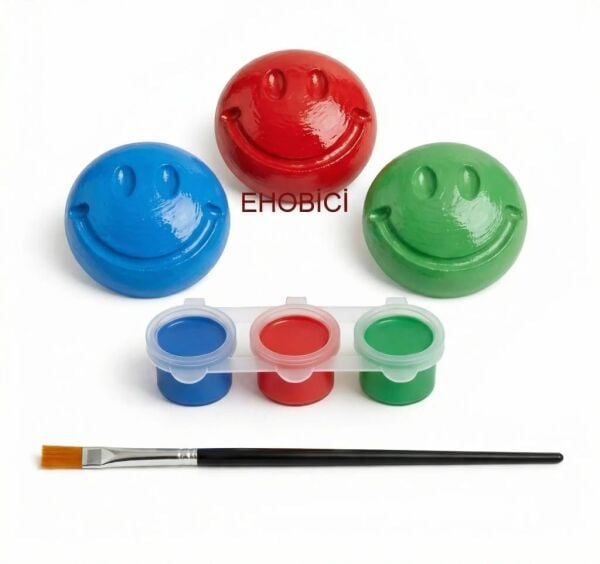 Ehobici Taş Boyama Seti Gülen Yüz Surat 3 Renk Akrilik Boya 5ml + Fırça