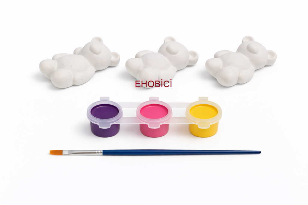 Ehobici Taş Boyama Seti Sevimli Ayıcıklar 3 Renk Akrilik Boya 5ml + Fırça