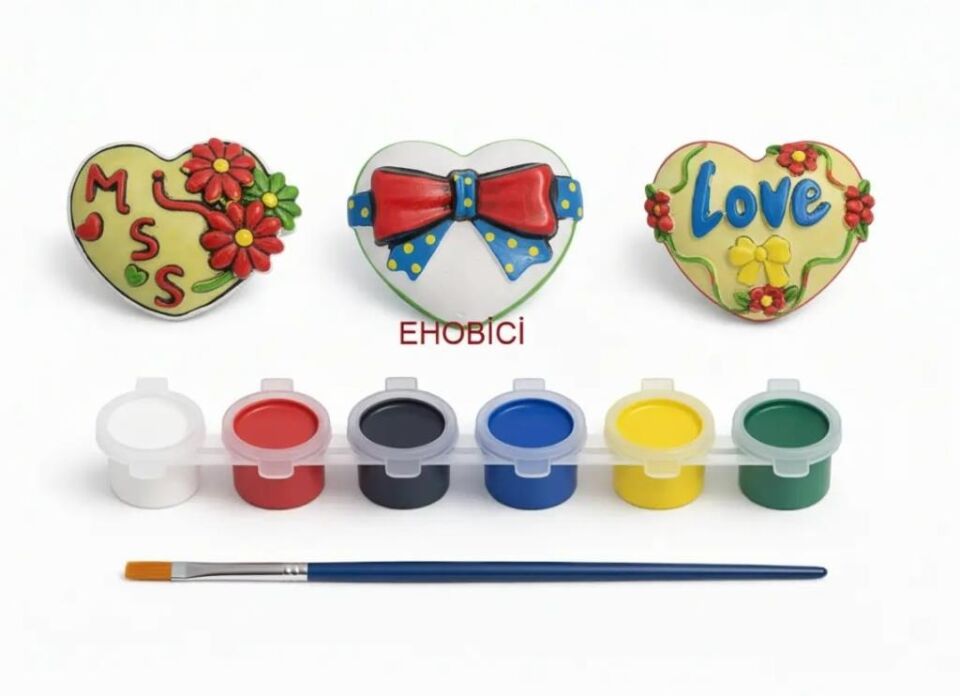 Ehobici Taş Boyama Seti Kalpler 6 Renk Akrilik Boya 5ml + Fırça