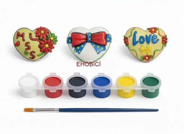 Ehobici Taş Boyama Seti Kalpler 6 Renk Akrilik Boya 5ml + Fırça