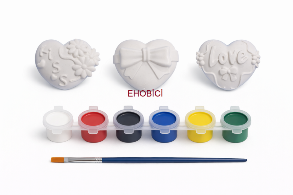 Ehobici Taş Boyama Seti Kalpler 6 Renk Akrilik Boya 5ml + Fırça