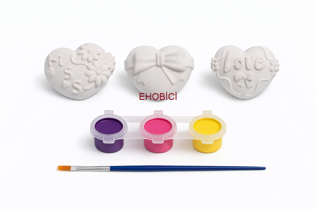 Ehobici Taş Boyama Seti Kalpler 3 Renk Akrilik Boya 5ml + Fırça