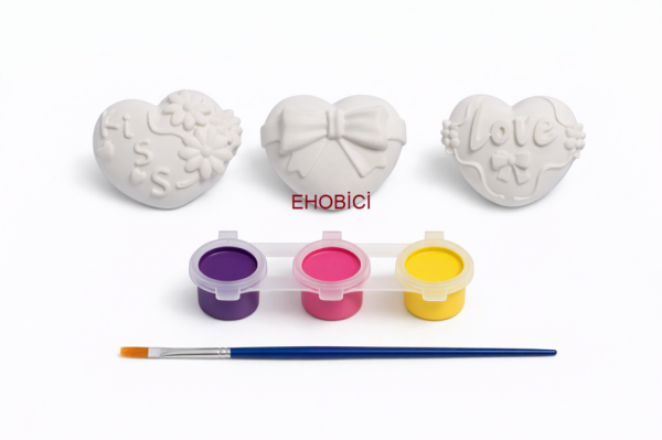 Ehobici Taş Boyama Seti Kalpler 3 Renk Akrilik Boya 5ml + Fırça