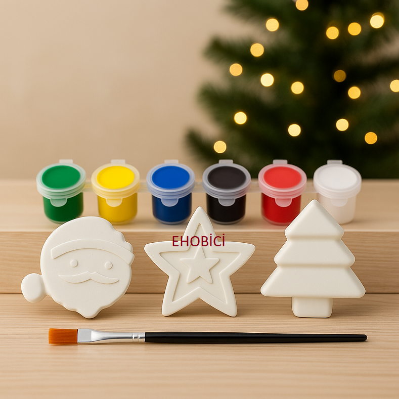 Ehobici Taş Boyama Yeniyıl Yılbaşı Seti 6 Renk Akrilik Boya 5ml + Fırça