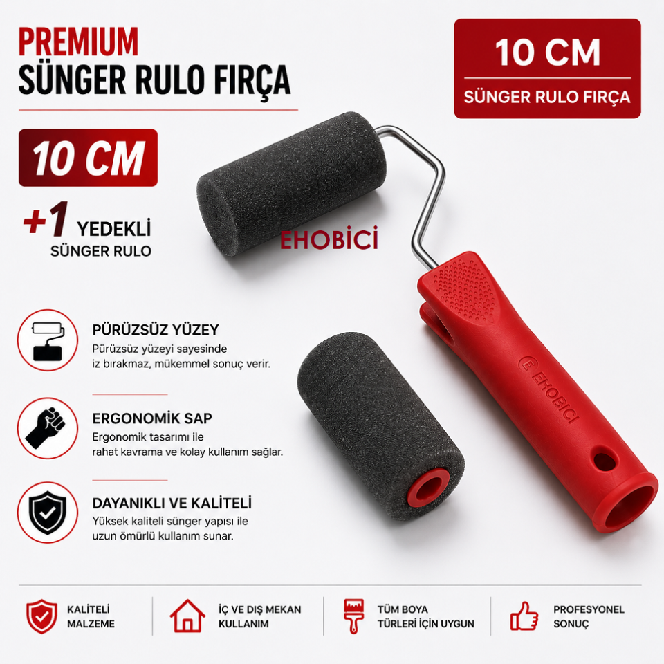 Premium Sünger Rulo Fırça 10CM +1 Yedekli