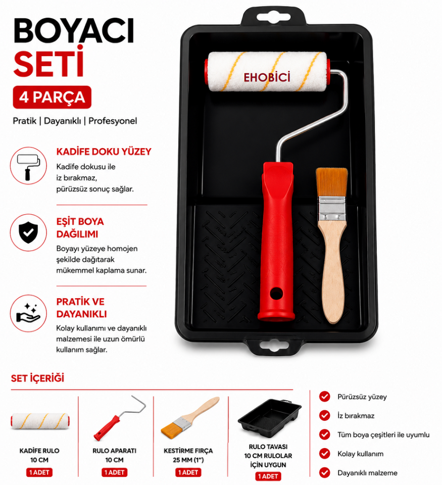 Ehobici 4 Parça Boyacı Seti Saten Rulo Parmak Rulo