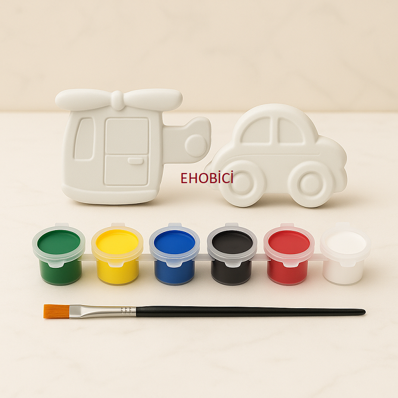 Ehobici Taş Boyama Seti Helikopter & Araba 6 Renk Akrilik Boya 5ml + Fırça