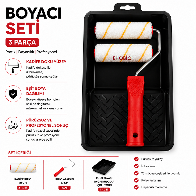 Ehobici 3 Parça Boyacı Seti Saten Rulo Parmak Rulo