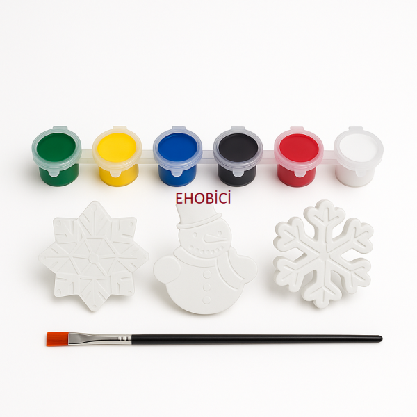 Ehobici Taş Boyama Seti Kardan Adam & Kar Taneleri 6 Renk Akrilik Boya 5ml + Fırça