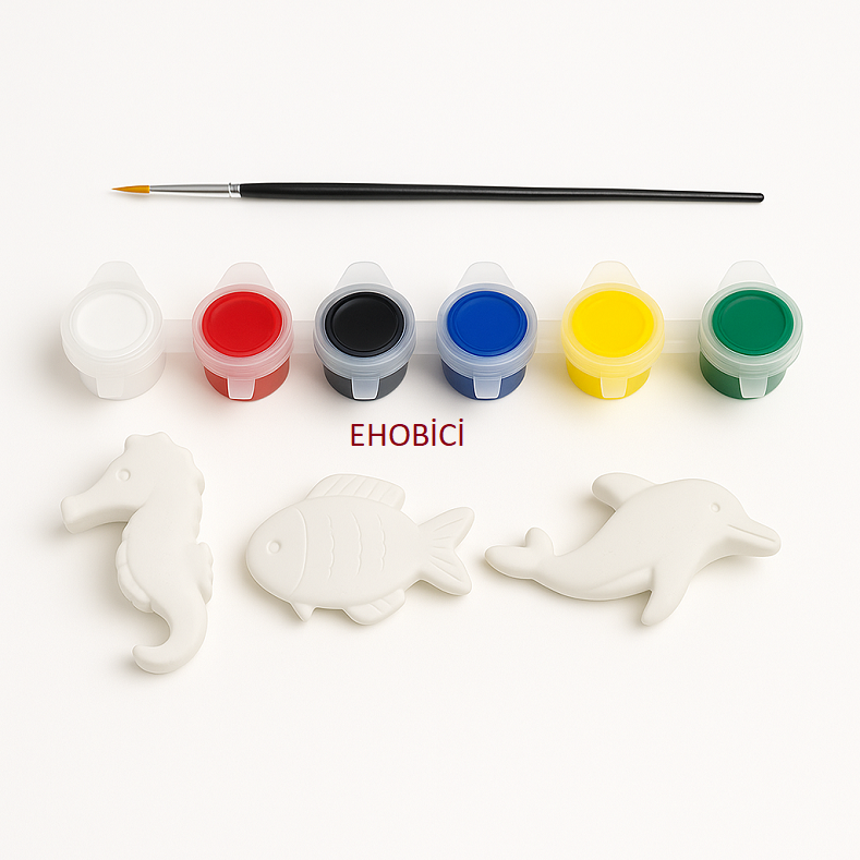Ehobici Taş Boyama Seti Deniz Atı & Balık & Yunus 6 Renk Akrilik Boya 5ml + Fırça