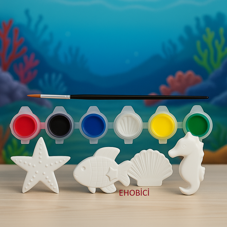 Ehobici Taş Boyama Seti Deniz Yıldızı & Balık & İstiridye & Deniz Atı 6 Renk Akrilik Boya 5ml + Fırça