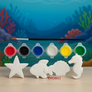 Ehobici Taş Boyama Seti Deniz Yıldızı & Balık & İstiridye & Deniz Atı 6 Renk Akrilik Boya 5ml + Fırça