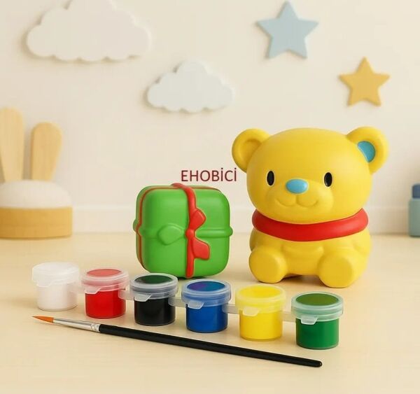 Ehobici Taş Boyama Seti Ayıcık & Hediye Kutusu 6 Renk Akrilik Boya 5ml + Fırça