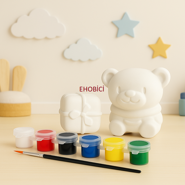 Ehobici Taş Boyama Seti Ayıcık & Hediye Kutusu 6 Renk Akrilik Boya 5ml + Fırça
