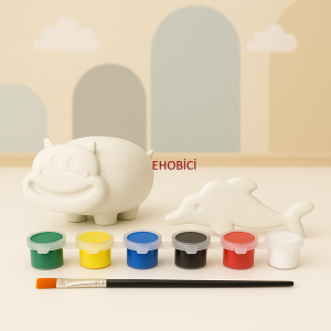 Ehobici Taş Boyama Seti Su Aygırı & Yunus 6 Renk Akrilik Boya 5ml + Fırça