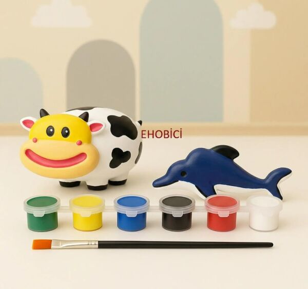 Ehobici Taş Boyama Seti Su Aygırı & Yunus 6 Renk Akrilik Boya 5ml + Fırça