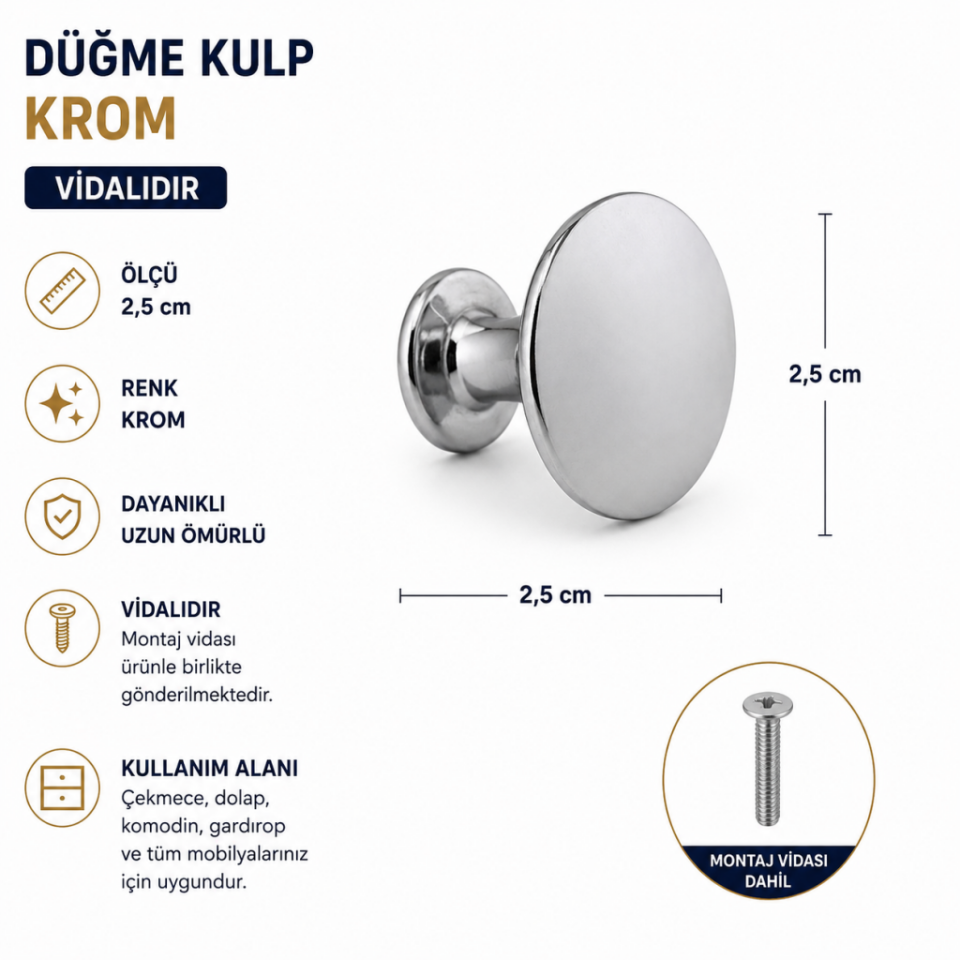 Yuvarlak Krom Düğme Kulp 2,5cm