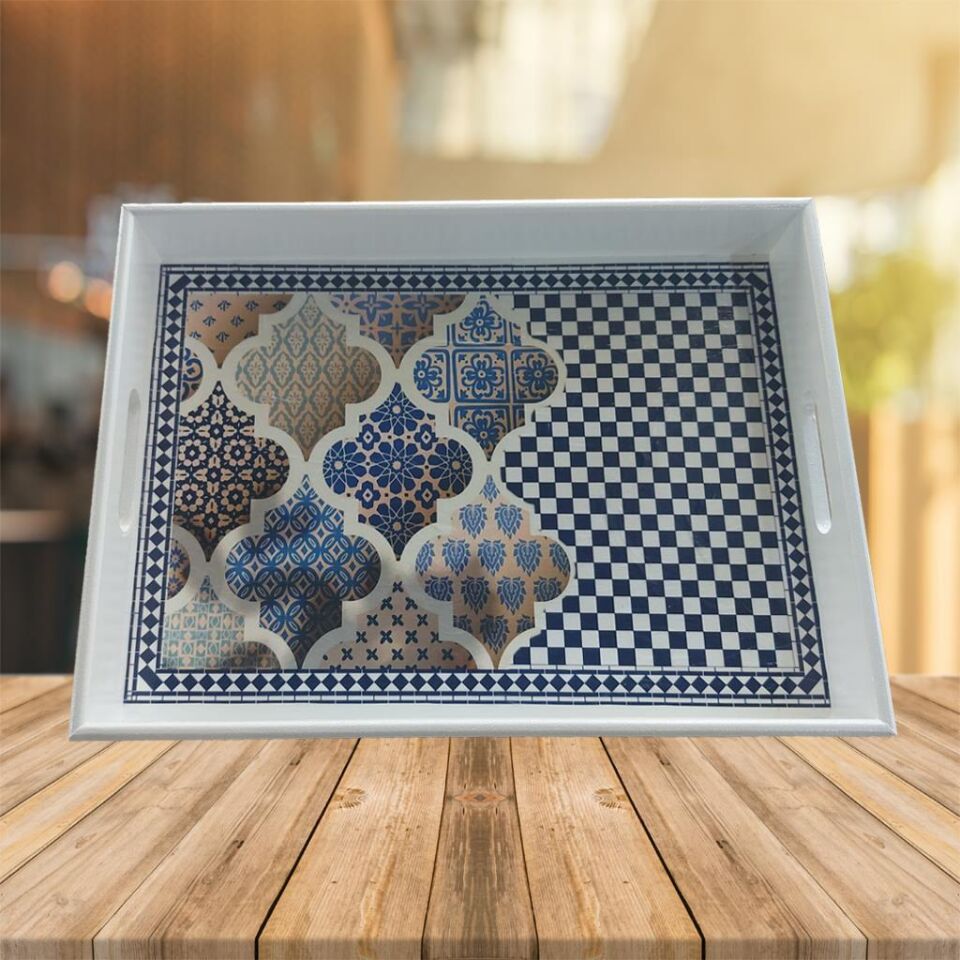 Ahşap Karo ve Fas Desenli Büyük Tepsi 40x30cm