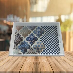 Ahşap Karo ve Fas Desenli Orta Boy Tepsi 35x25cm