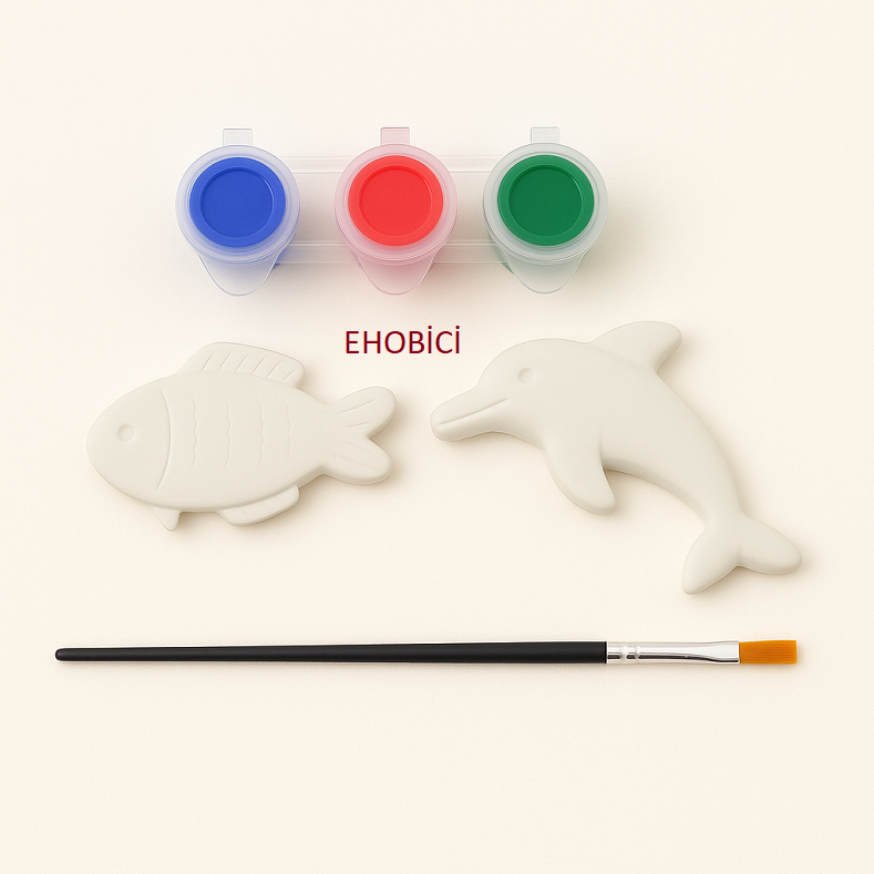 Ehobici Taş Boyama Seti Balık ve Yunus 3 Renk Akrilik Boya 5ml + Fırça