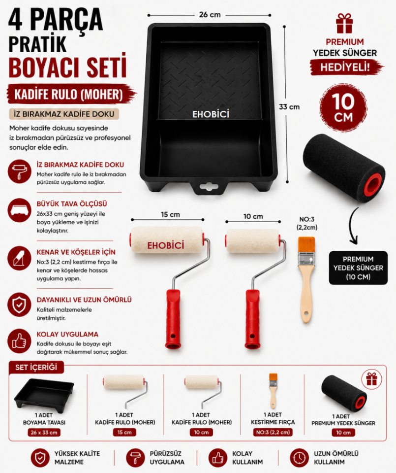 Ehobici 4 Parça Pratik Boyacı Seti Kadife Rulo (Moher) - Premium Yedek Sünger Hediyeli