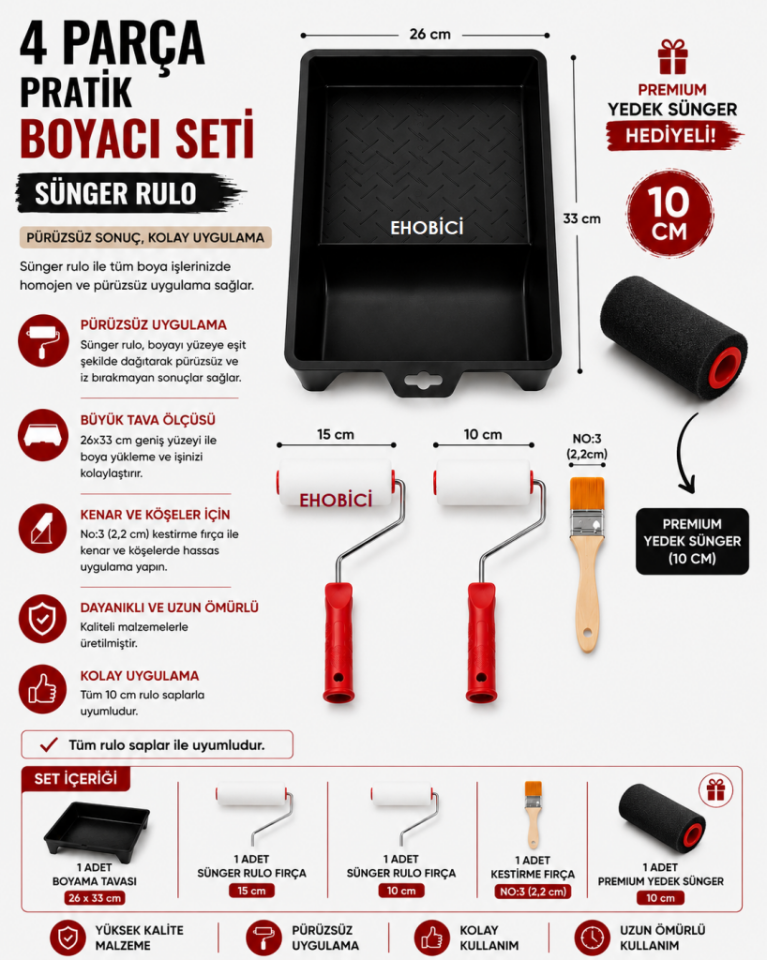 Ehobici 4 Parça Pratik Boyacı Seti Sünger Rulo - Premium Yedek Sünger Hediyeli