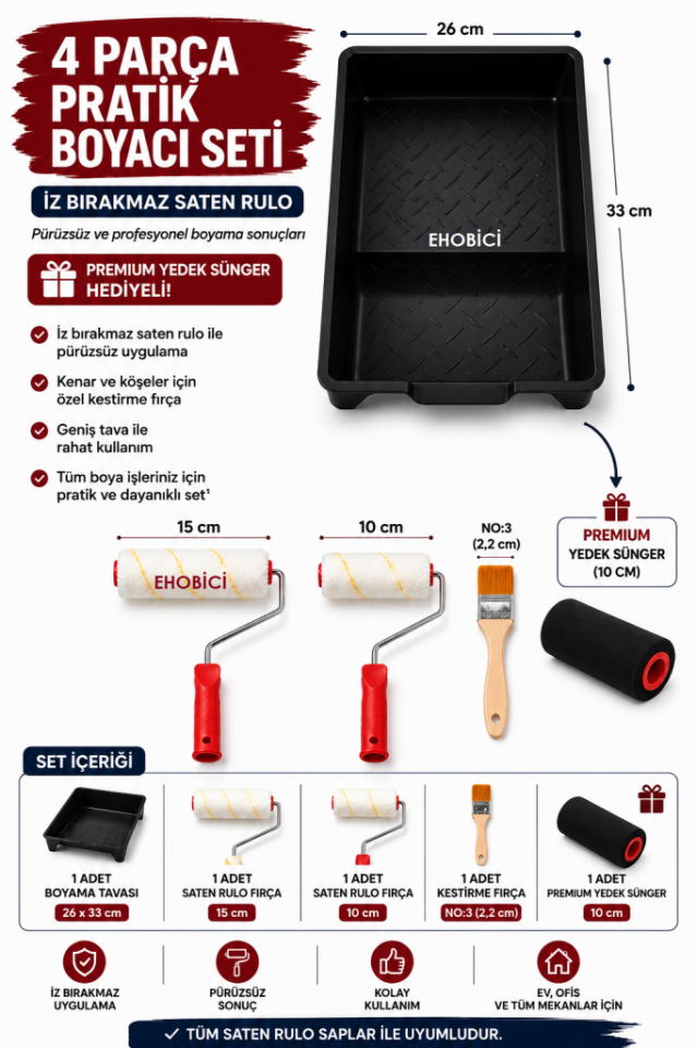 Ehobici 4 Parça Pratik Boyacı Seti Saten Rulo - Premium Yedek Sünger Hediyeli