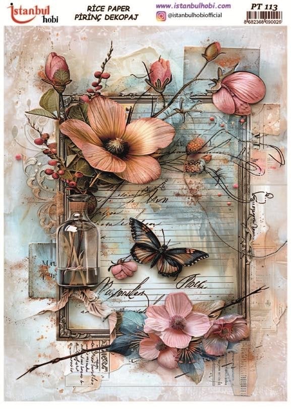 Pirinç Dekopaj Kağıdı 30x42cm PT-113 Çiçek Kelebek