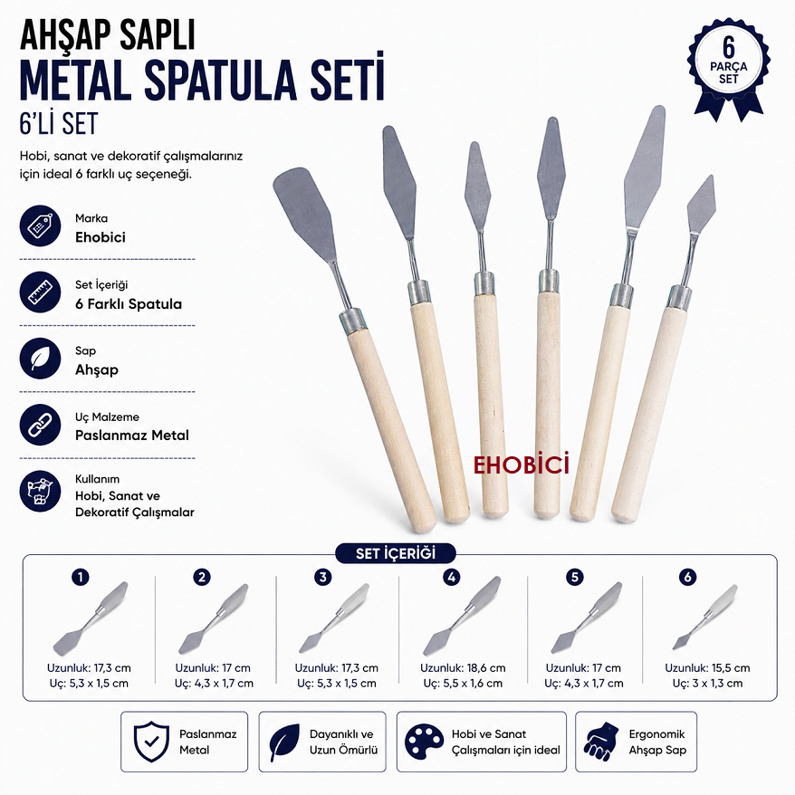Ahşap Saplı Metal Spatula Seti 6'lı