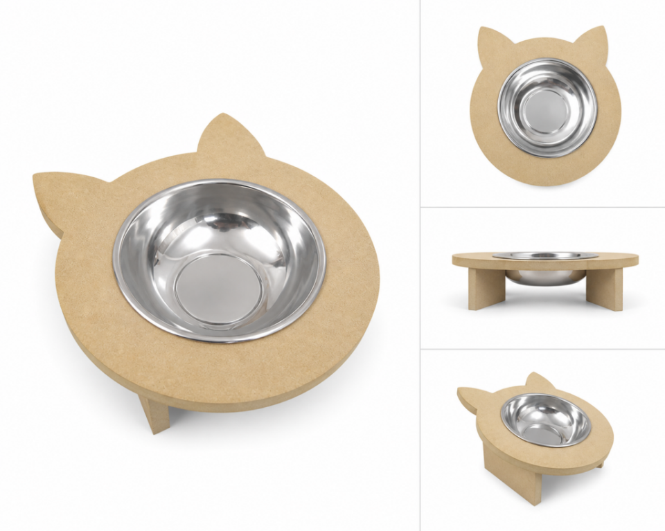 Ahşap Kedi Mama Su Kabı Tekli Mdf KM-06